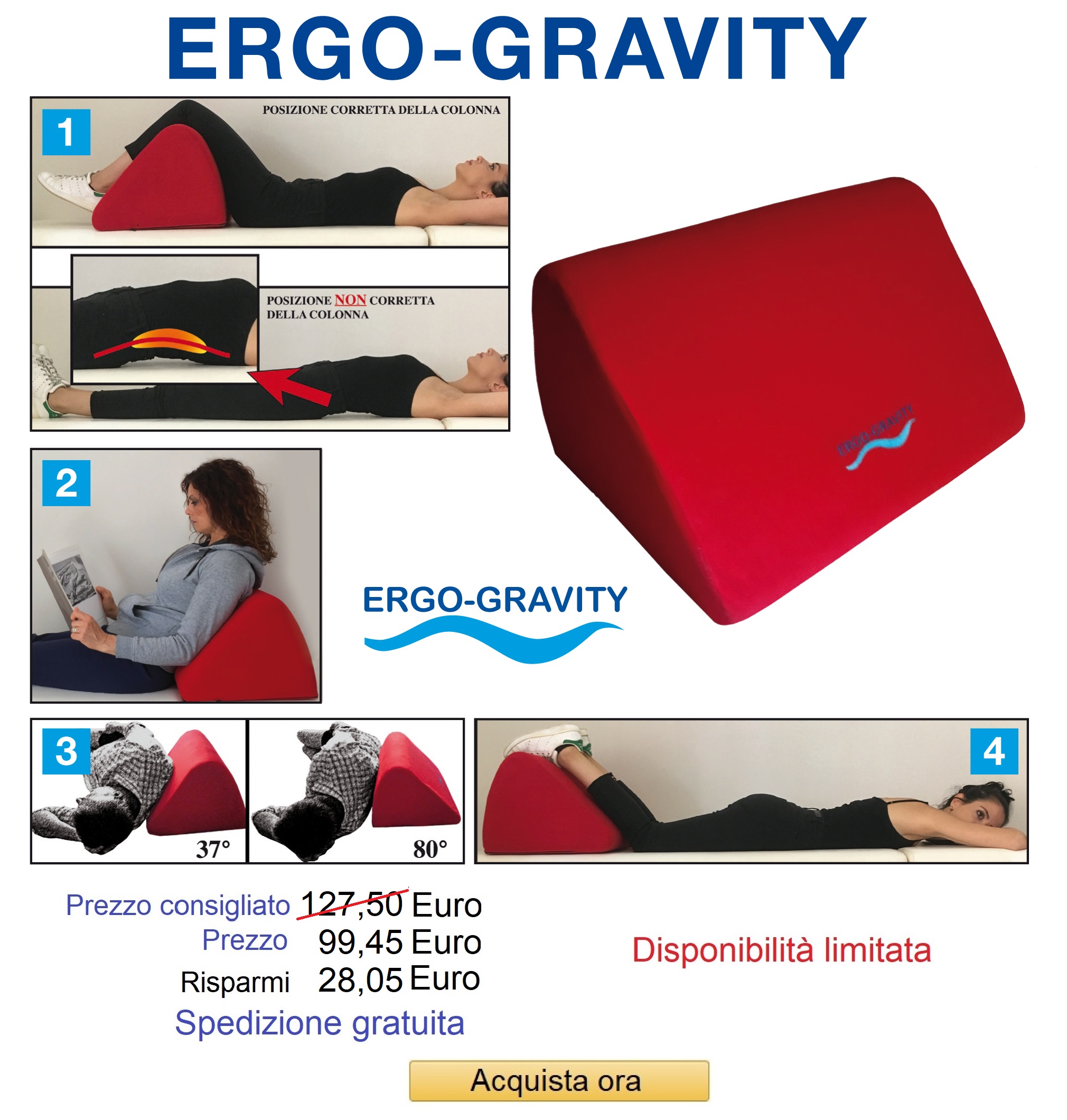 Cuscino Ergo-Gravity, mal di schiena, piaghe da decubito